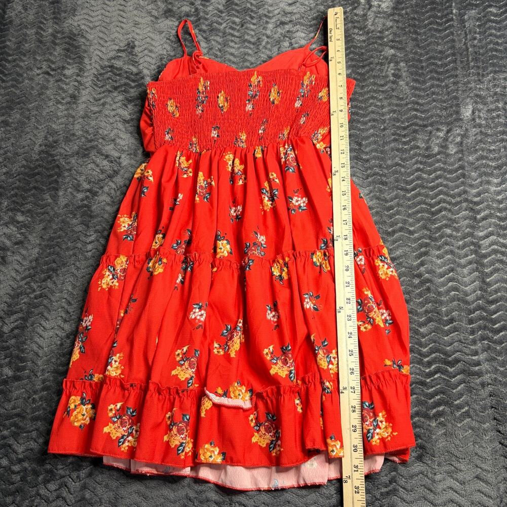 Red Floral Tie Front Sundress size L Boho Tiered Mini Spaghetti Strap Summer - Picture 3 of 5